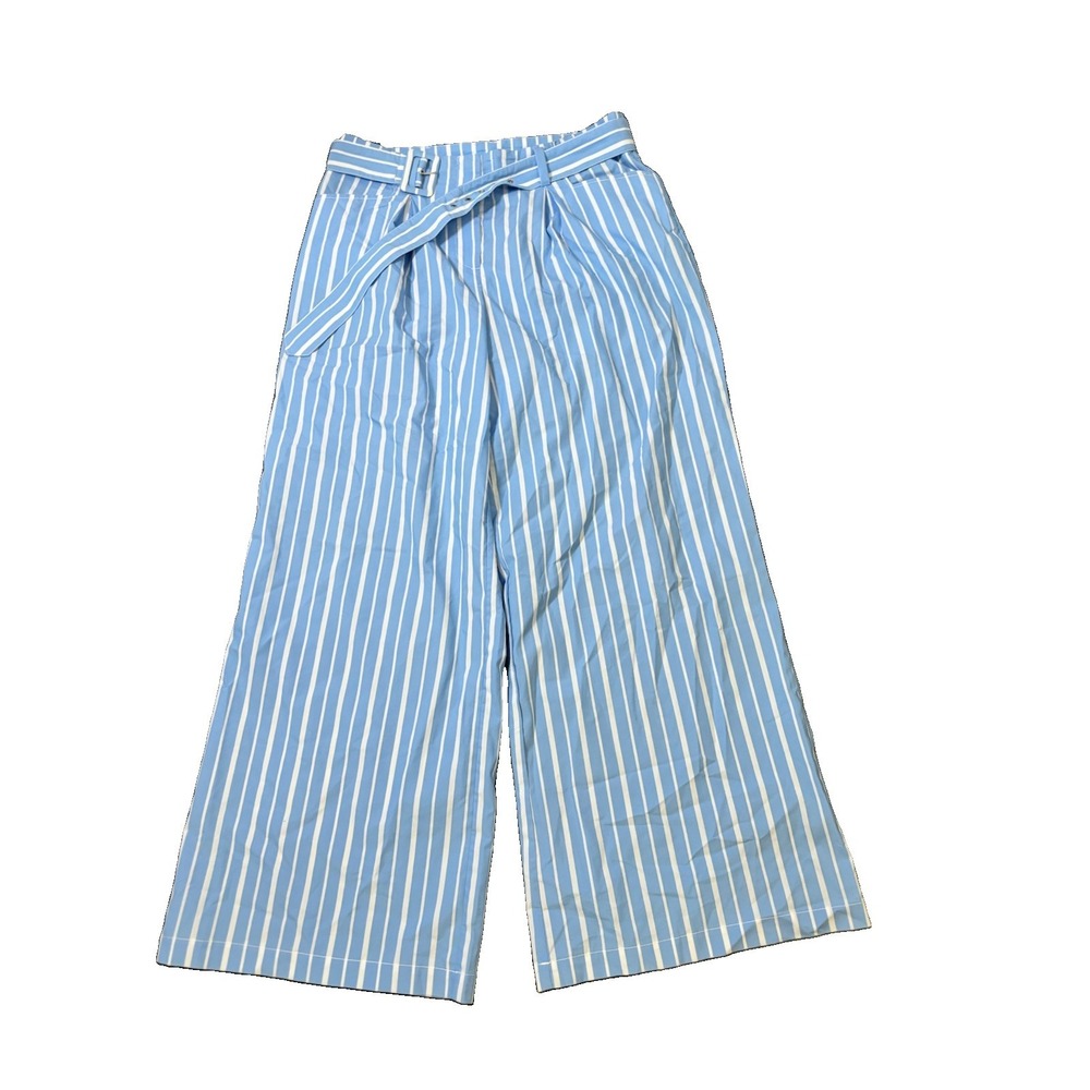 NY&C New York & Company Striped Belted Wide Leg Pants Women Size Large Blue Whit